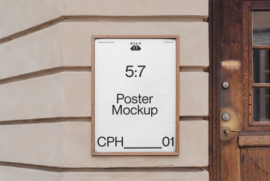 Urban poster mockup in wooden frame on sandstone wall next to door, realistic texture, graphic design display, Mockups category, designers asset.
